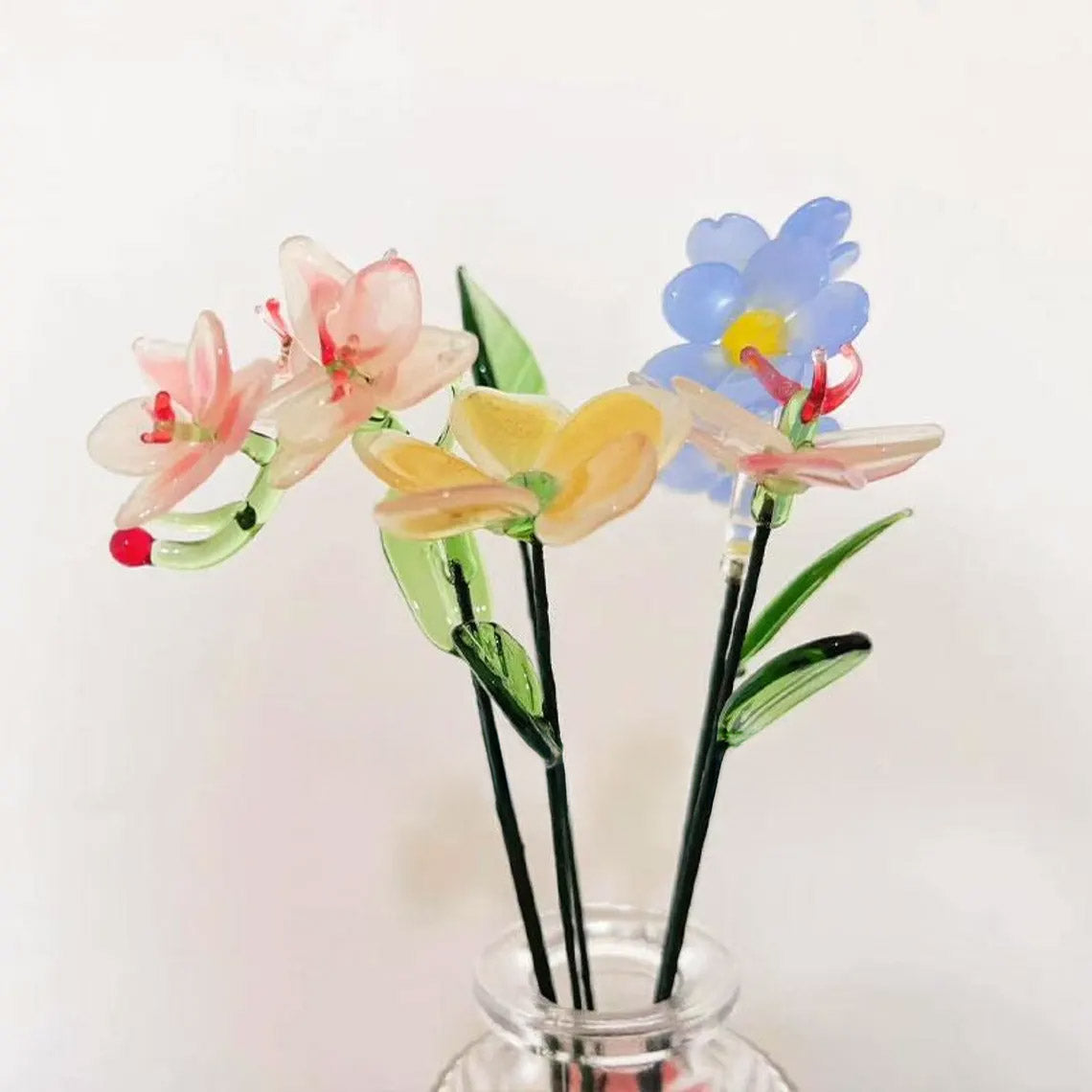 Mini Hand-Blown Glass Orchid & Forget-Me-Not Stem – Delicate Pastel Keepsake