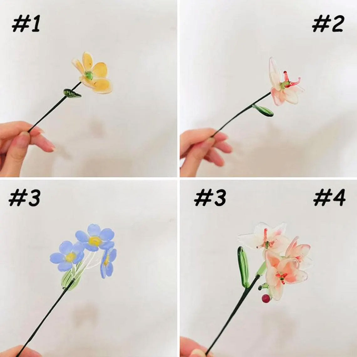 Mini Hand-Blown Glass Orchid & Forget-Me-Not Stem – Delicate Pastel Keepsake