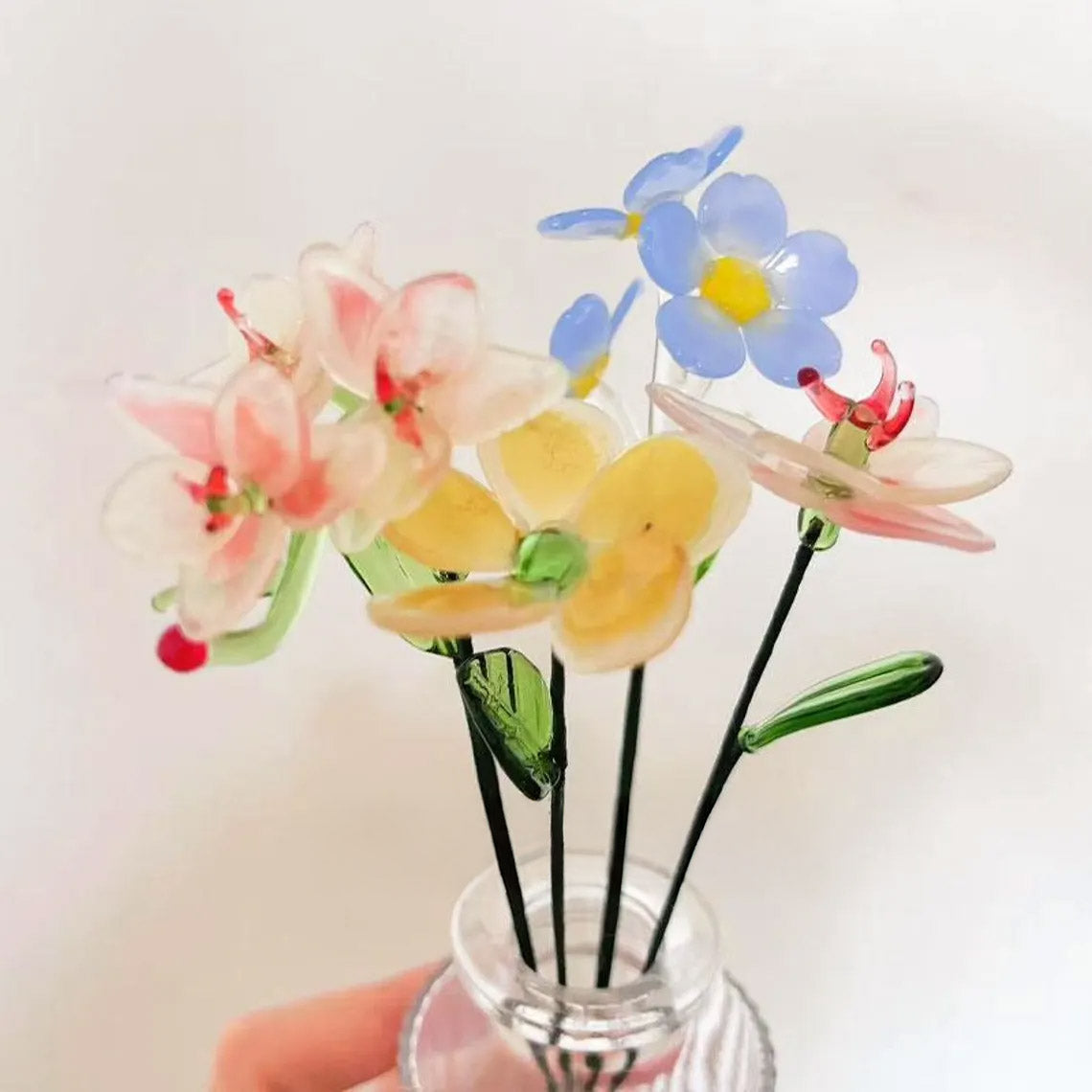 Mini Hand-Blown Glass Orchid & Forget-Me-Not Stem – Delicate Pastel Keepsake