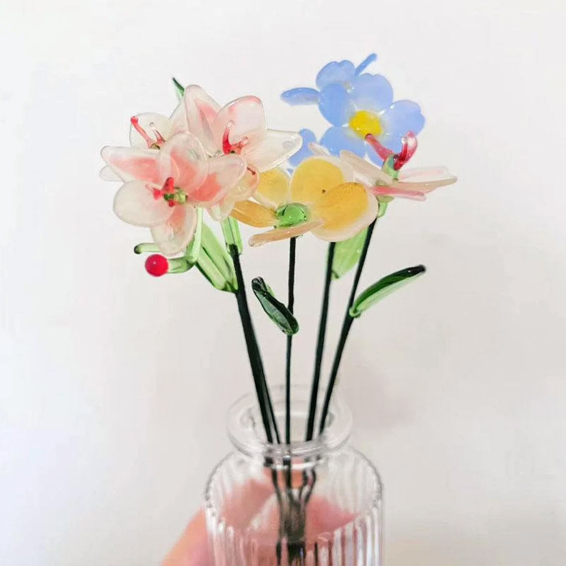 Mini Hand-Blown Glass Orchid & Forget-Me-Not Stem – Delicate Pastel Keepsake