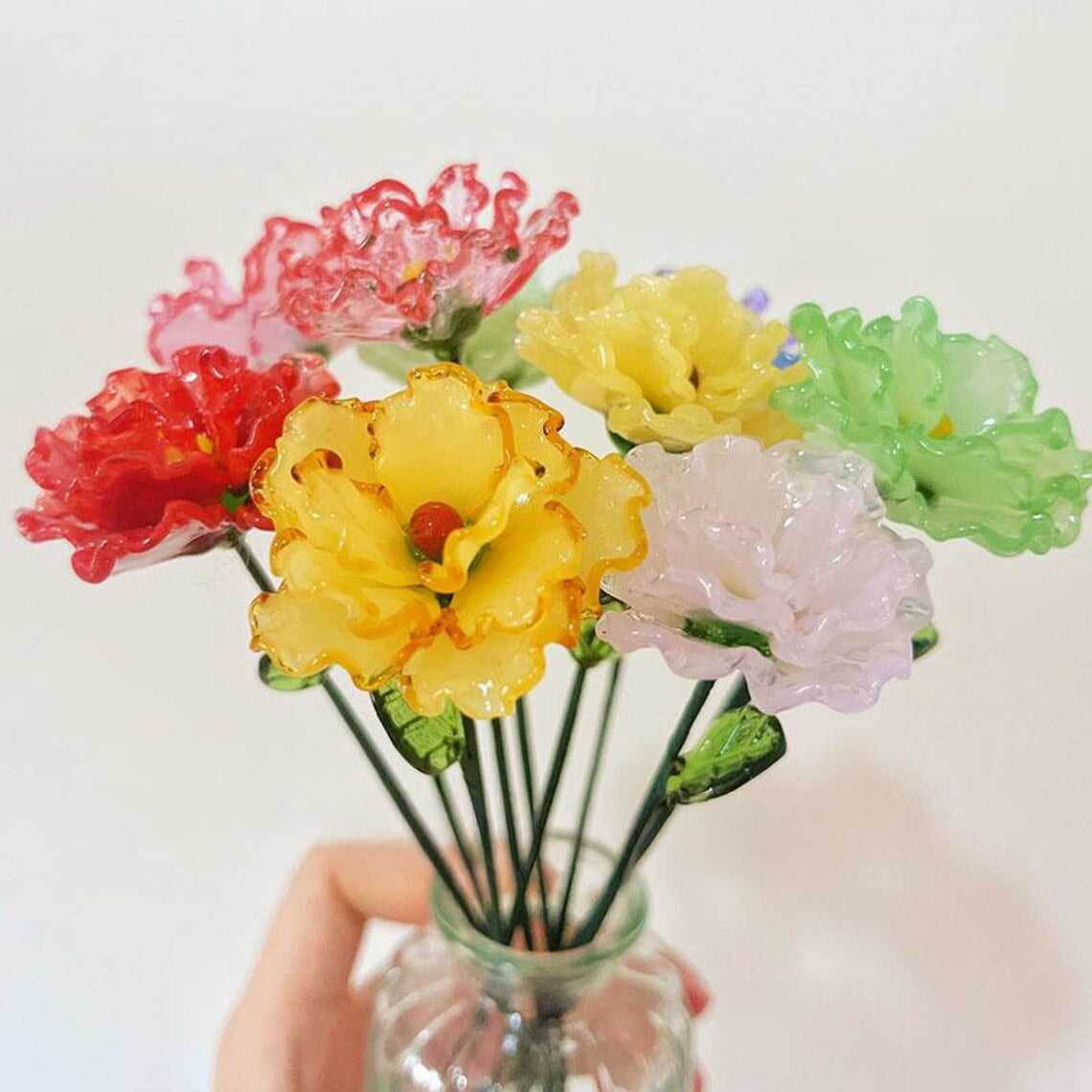 Mini Ruffled Glass Carnation Stem – January Birth Flower & Multicolored Keepsake