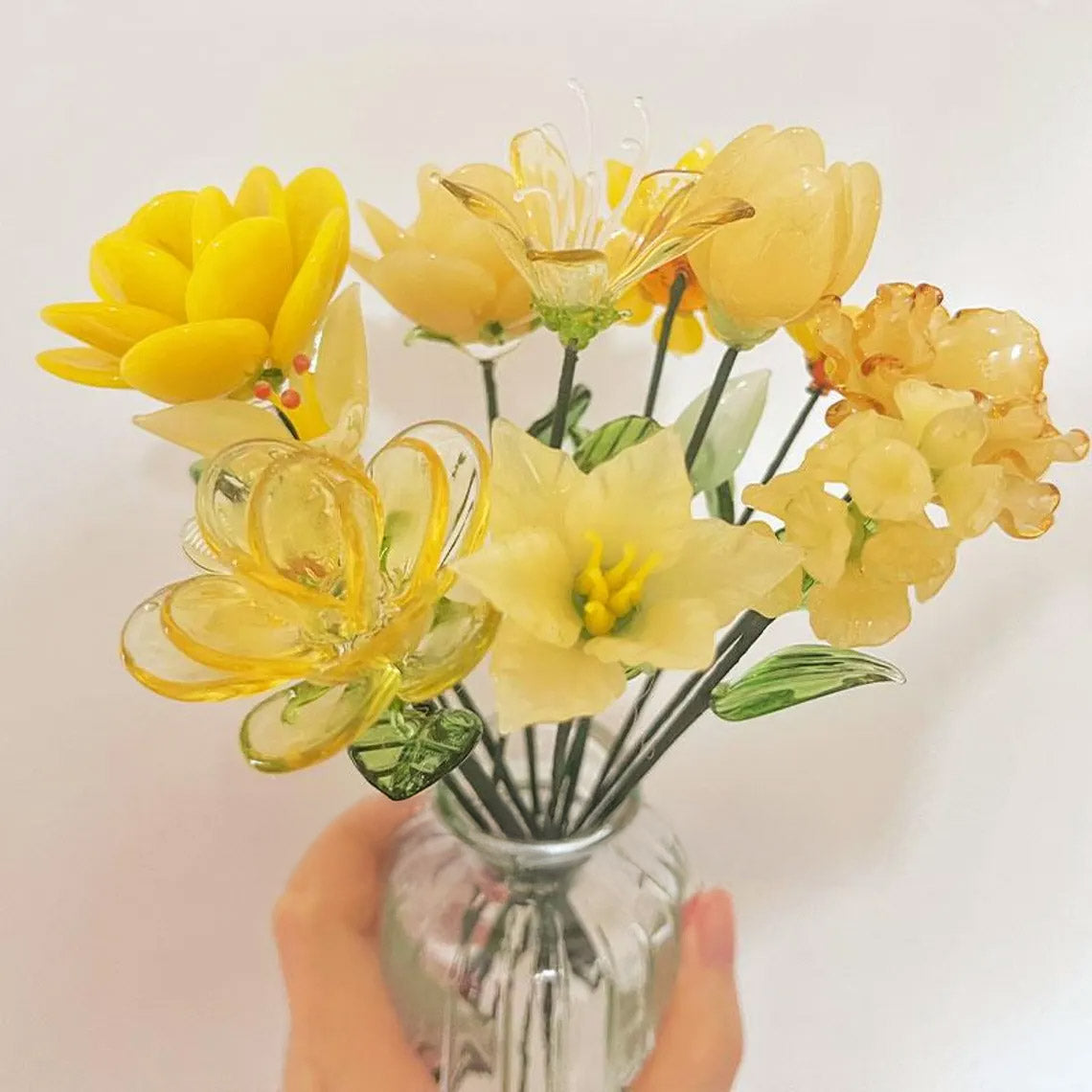 Mini Hand-Blown Monochromatic Yellow Flower Stems – Honeyed Floral Bouquet Assortment