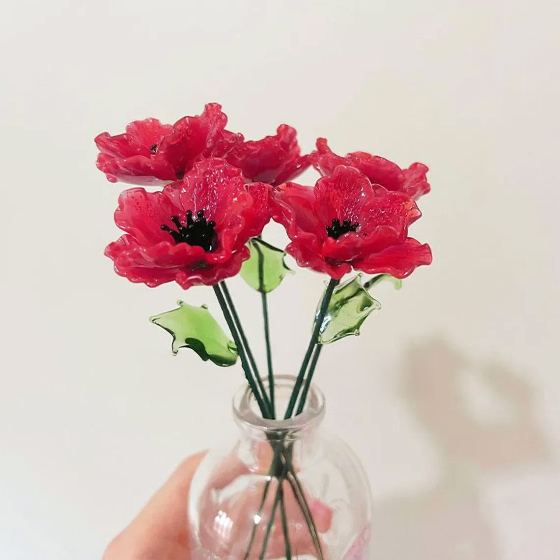 Mini Hand-Blown Red Poppy Stem – August Birth Flower & Ruffled Petal Keepsake