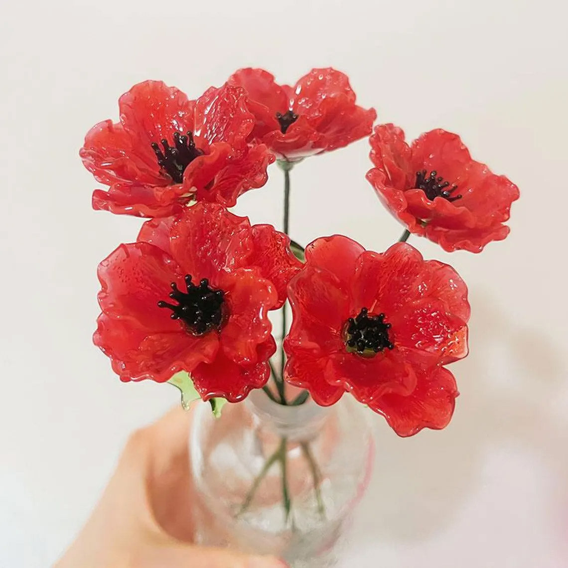 Mini Hand-Blown Red Poppy Stem – August Birth Flower & Ruffled Petal Keepsake