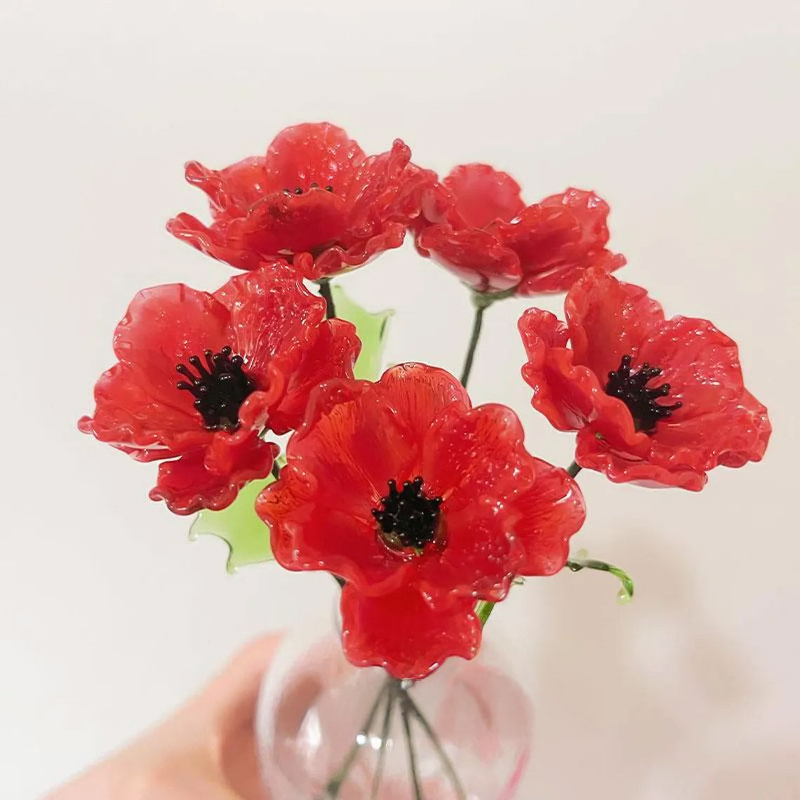 Mini Hand-Blown Red Poppy Stem – August Birth Flower & Ruffled Petal Keepsake