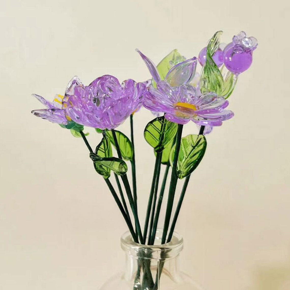 Mini Hand-Blown Amethyst Purple Flower Stems – Monochromatic Floral Art Keepsake