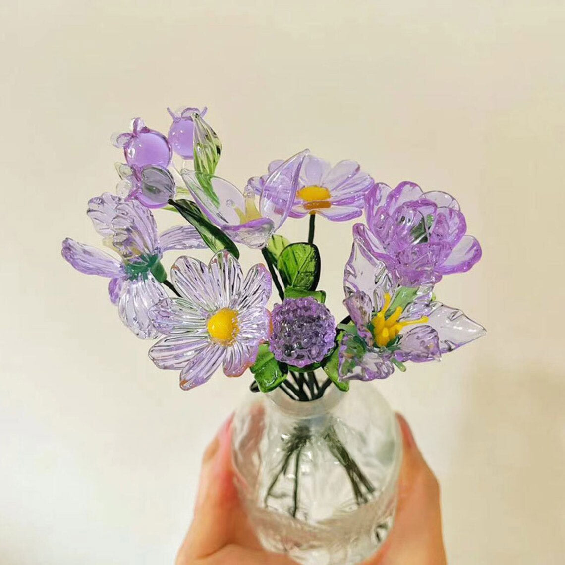 Mini Hand-Blown Amethyst Purple Flower Stems – Monochromatic Floral Art Keepsake