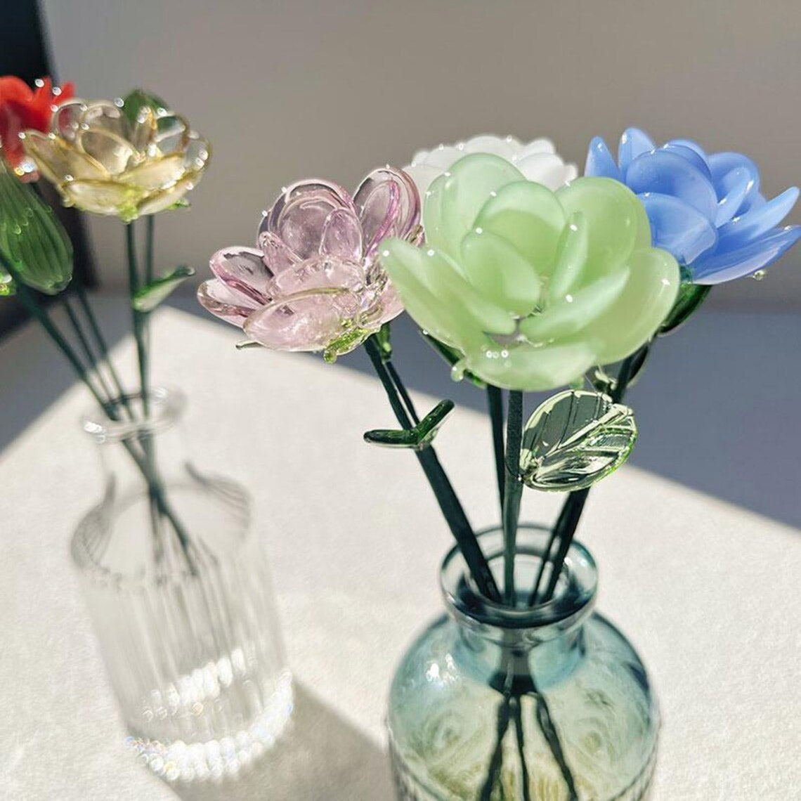 Mini Hand-Blown Glass Rose Stem – Vibrant Rainbow June Birth Flower Keepsake
