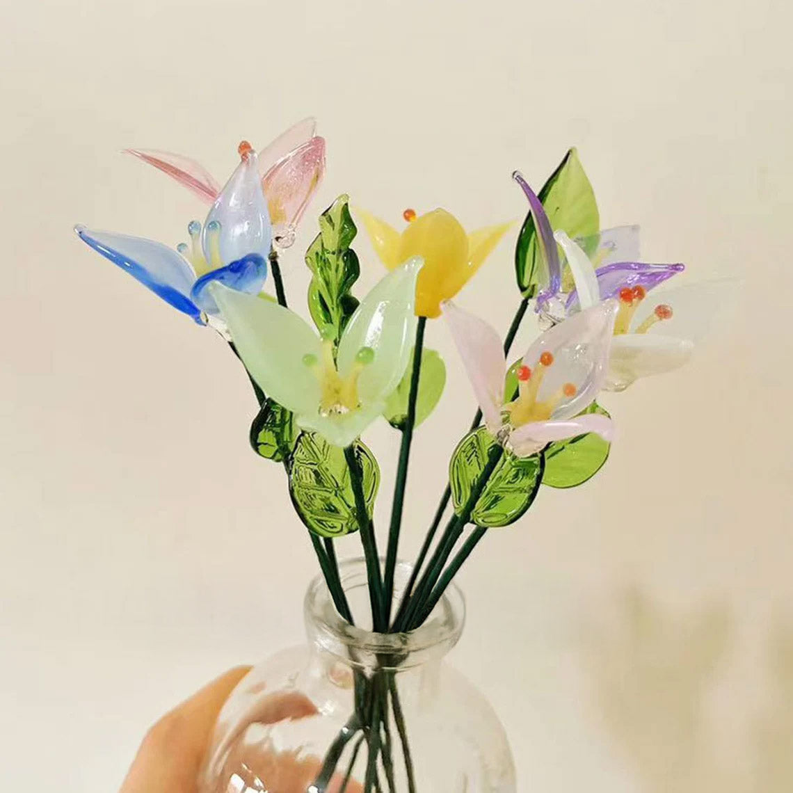 Mini Hand-Blown Glass Lily Stem – Flared Trumpet Flower Figurine & Pastel Gift