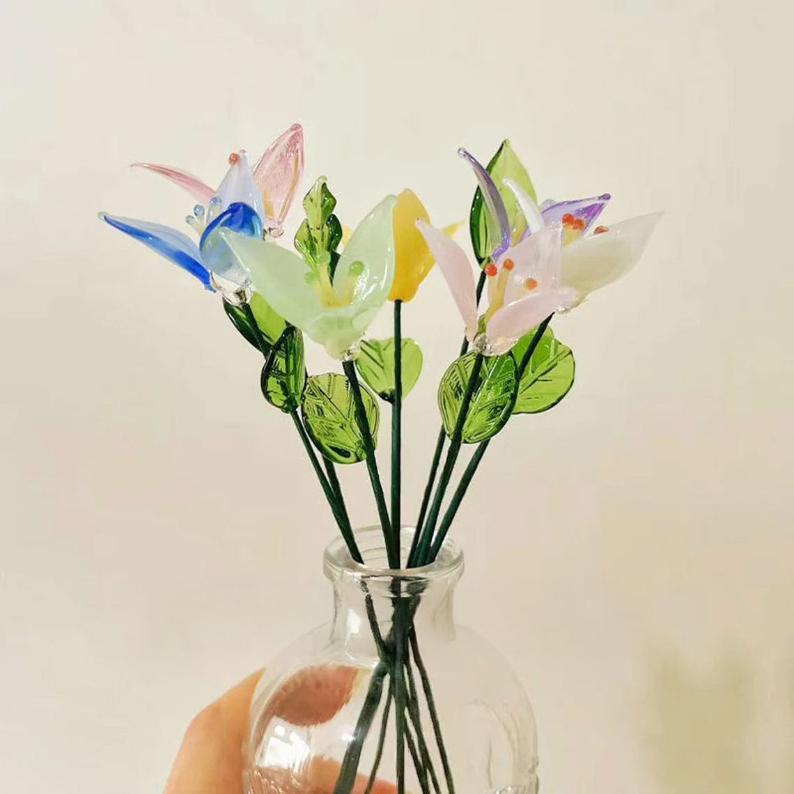 Mini Hand-Blown Glass Lily Stem – Flared Trumpet Flower Figurine & Pastel Gift