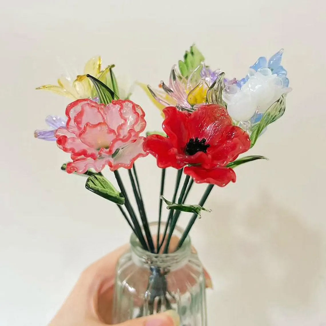 Mini Hand-Blown Glass Birth Flower Bouquet – Mixed Single Stems & Forever Gift
