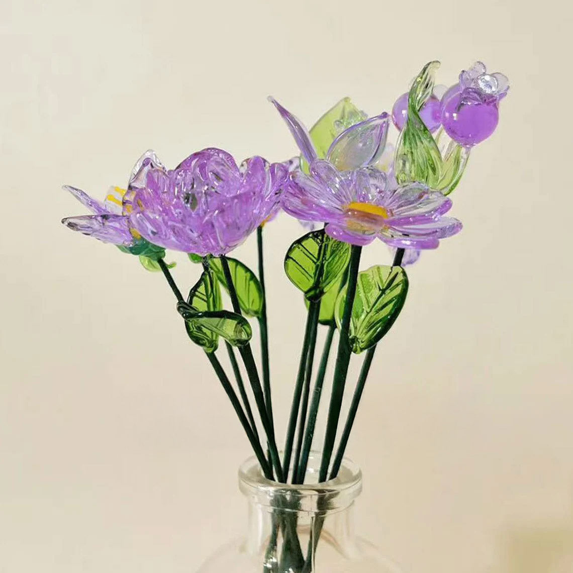 Mini Hand-Blown Amethyst Purple Flower Stems – Monochromatic Aster & Iris Keepsake
