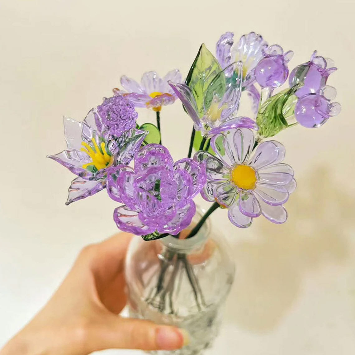 Mini Hand-Blown Amethyst Purple Flower Stems – Monochromatic Aster & Iris Keepsake