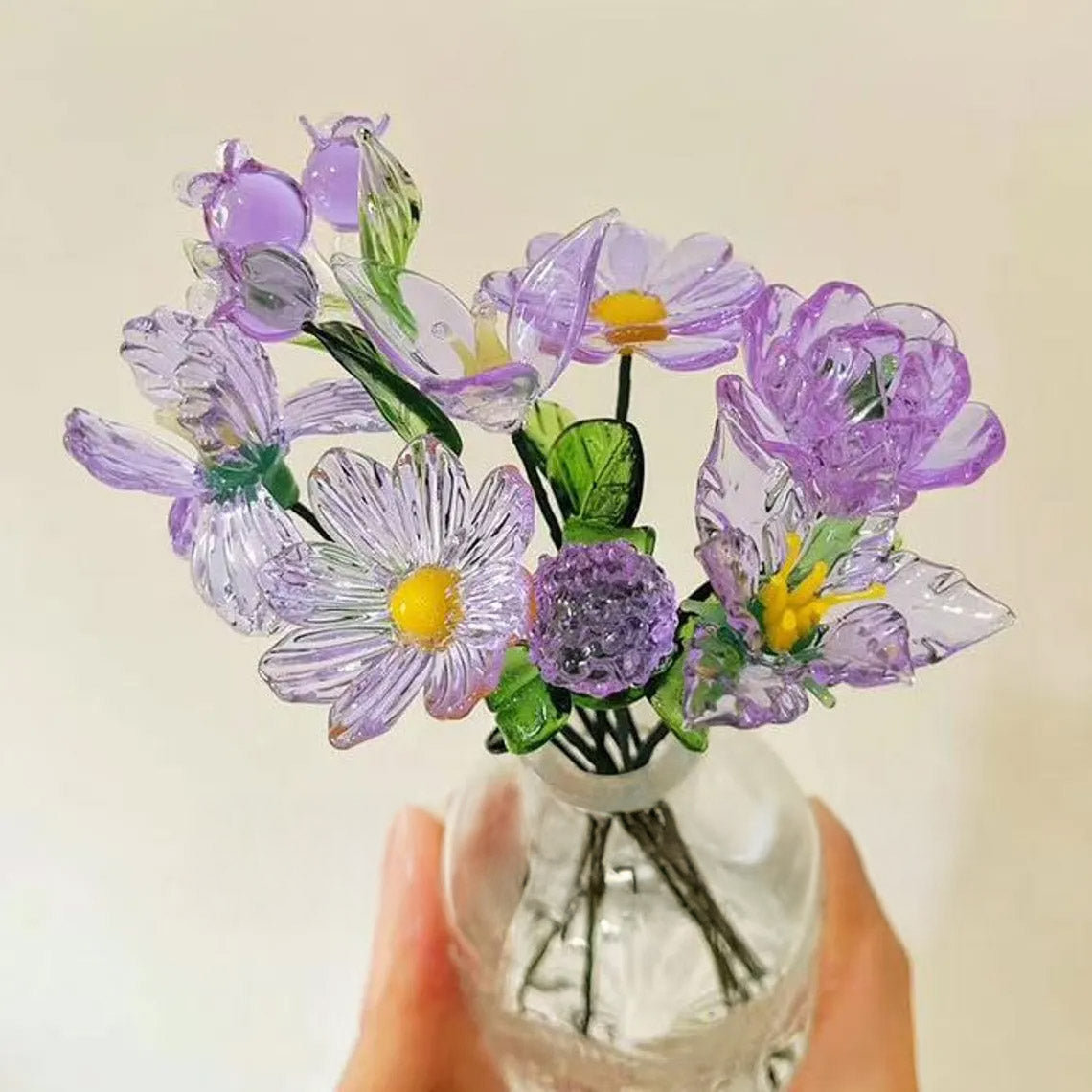 Mini Hand-Blown Amethyst Purple Flower Stems – Monochromatic Aster & Iris Keepsake