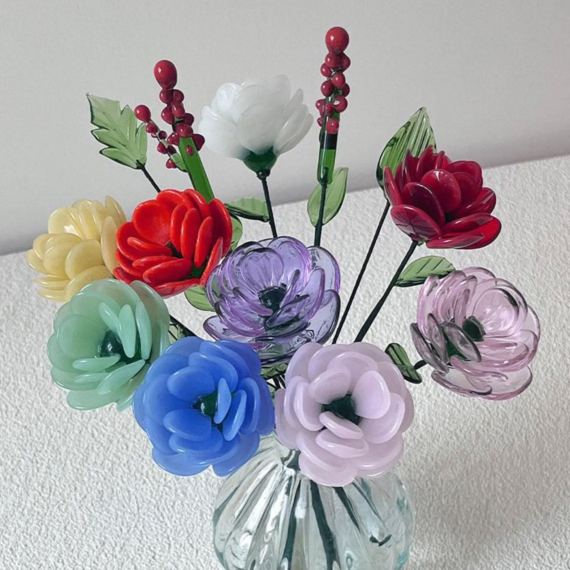 Hand-Blown Glass Ranunculus Stem – Vibrant Multicolored Forever Flower Bouquet