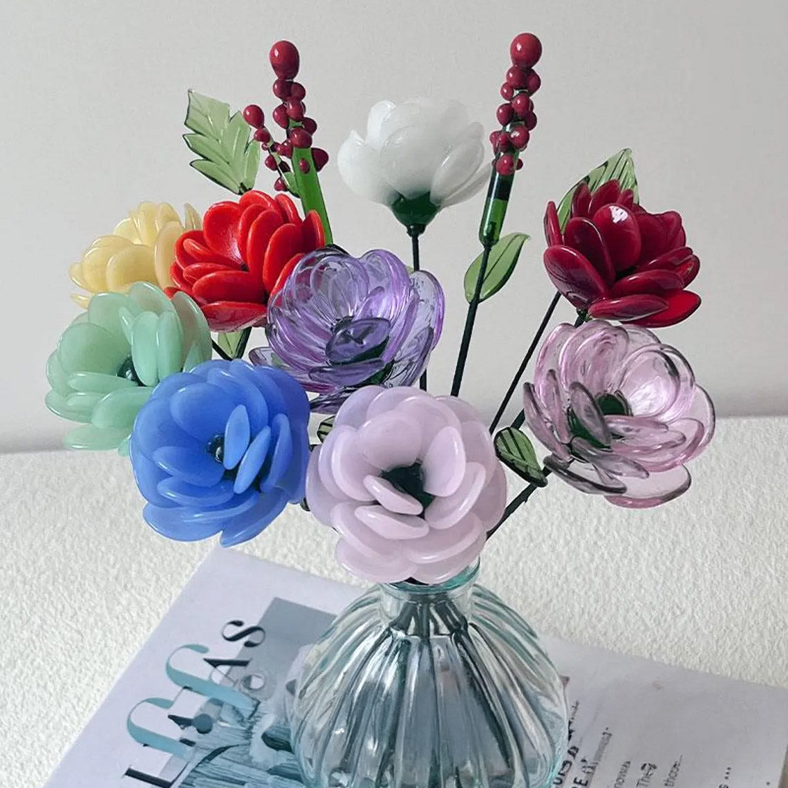 Hand-Blown Glass Ranunculus Stem – Vibrant Multicolored Forever Flower Bouquet