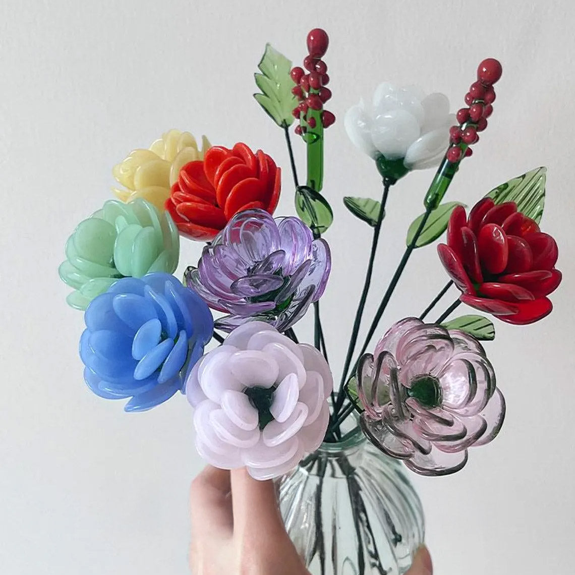 Hand-Blown Glass Ranunculus Stem – Vibrant Multicolored Forever Flower Bouquet