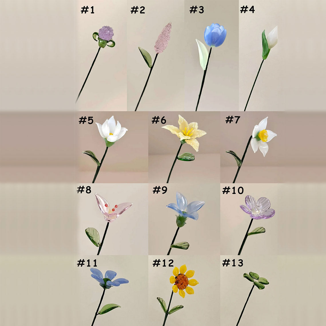 Mini Hand-Blown Yellow Floral Bouquet – Mixed Sunshine Glass Flower Stems