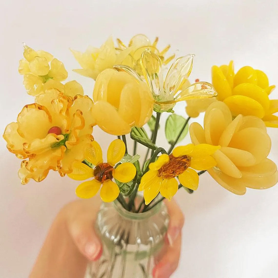 Mini Hand-Blown Yellow Floral Bouquet – Mixed Sunshine Glass Flower Stems