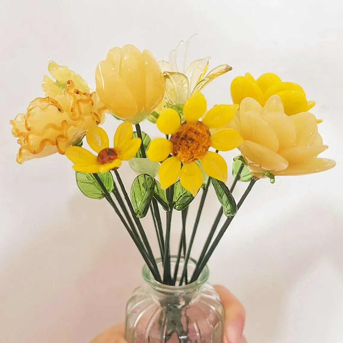 Mini Hand-Blown Yellow Floral Bouquet – Mixed Sunshine Glass Flower Stems