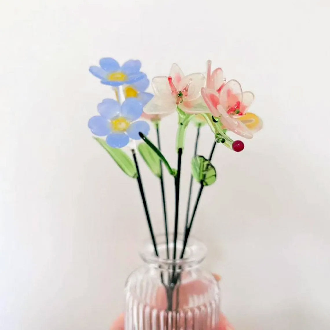 Mini Hand-Blown Glass Orchid & Forget-Me-Not Stem – Delicate Pastel Keepsake