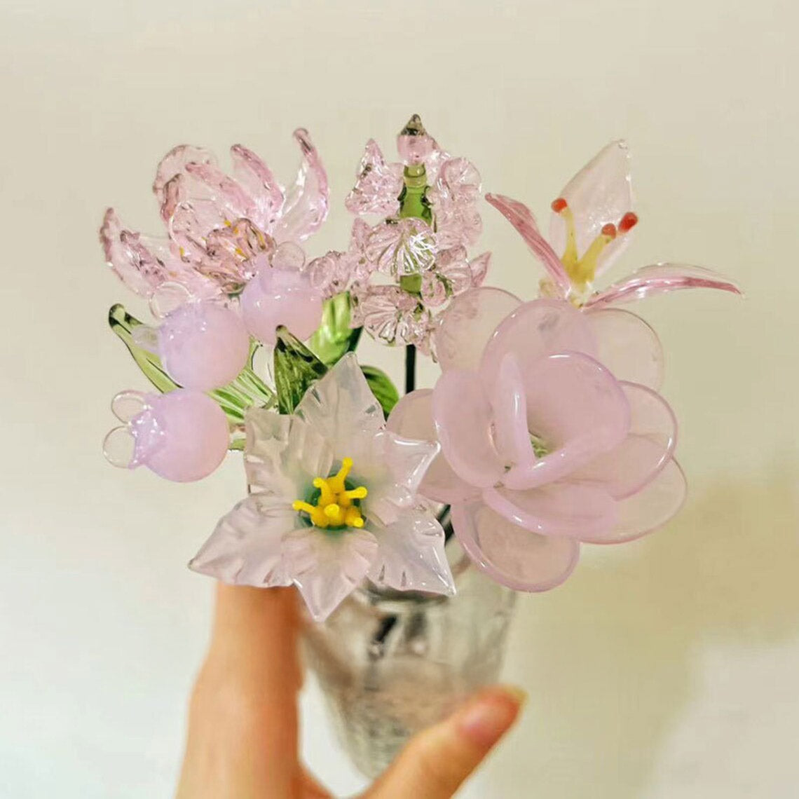 Mini Hand-Blown Pink Pastel Glass Flower Assortment – Single Stem Lily & Orchid Art