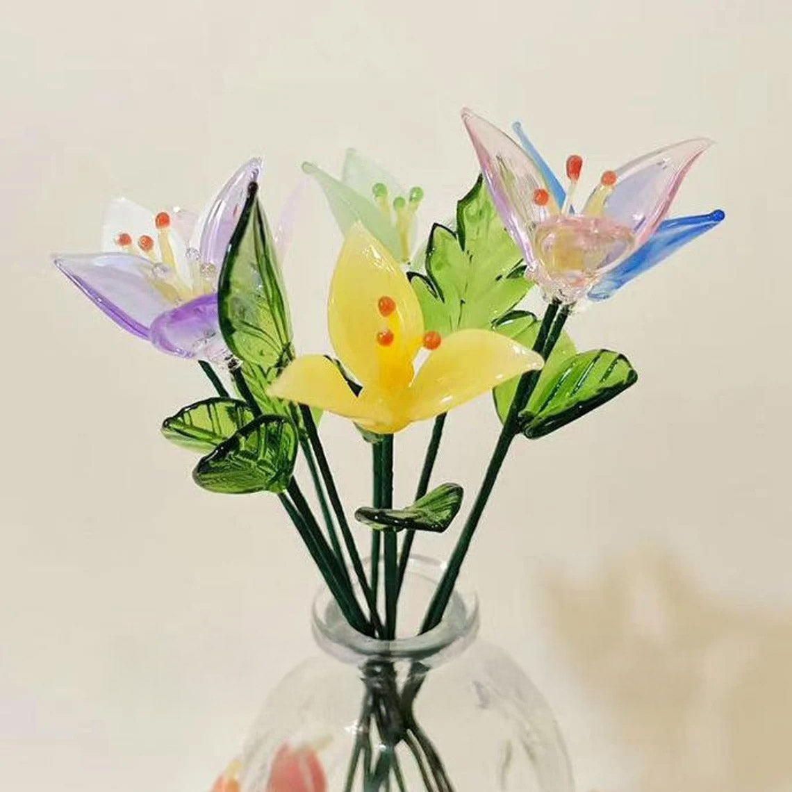 Mini Hand-Blown Glass Lily Stem – Trillium Flower & Custom Color Art Figurine