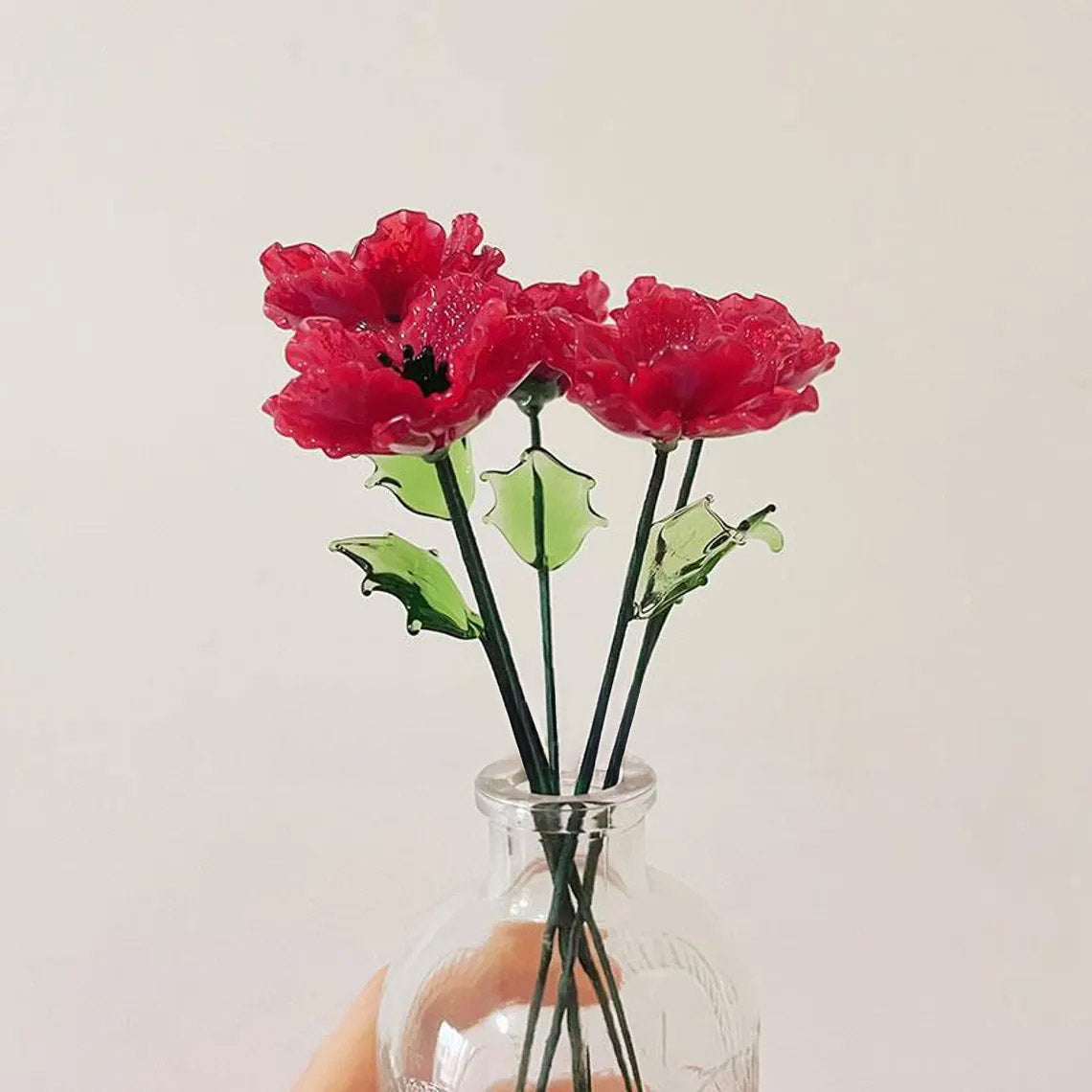 Mini Hand-Blown Red Poppy Stem – August Birth Flower & Ruffled Petal Keepsake