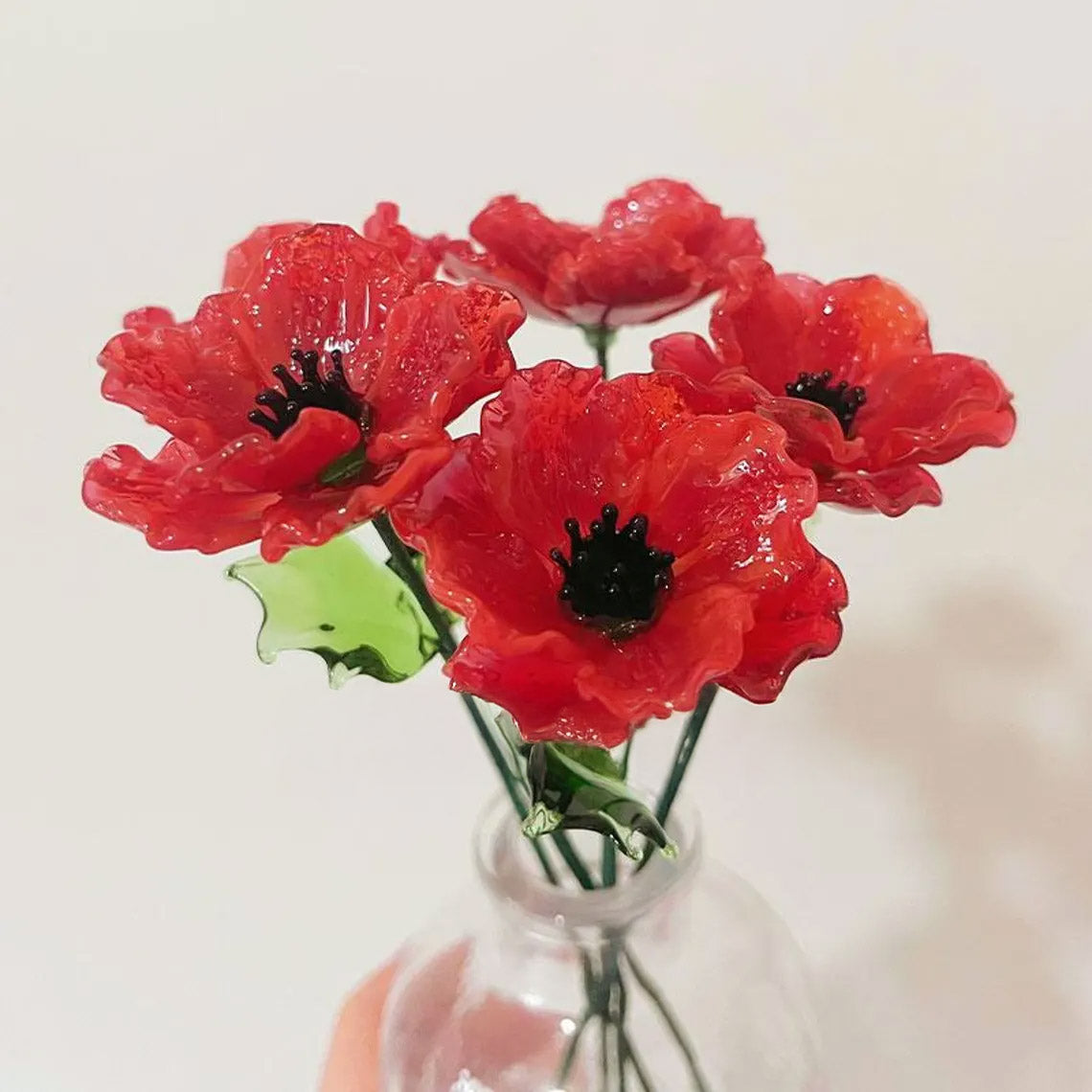 Mini Hand-Blown Red Poppy Stem – August Birth Flower & Ruffled Petal Keepsake