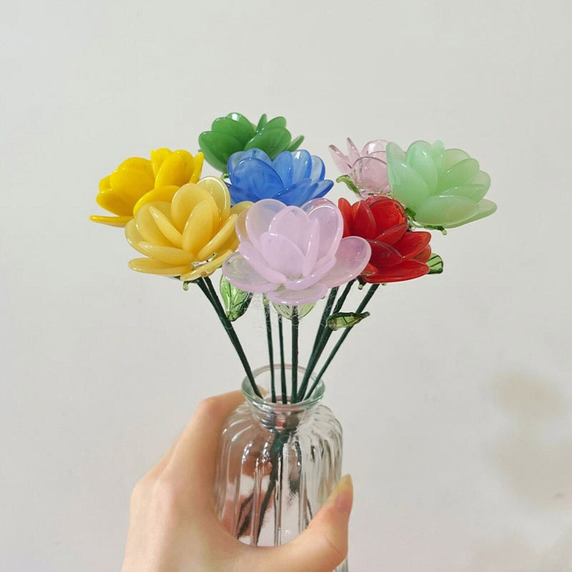 Mini Hand-Blown Glass Rose Stem – Vibrant Rainbow June Birth Flower Keepsake