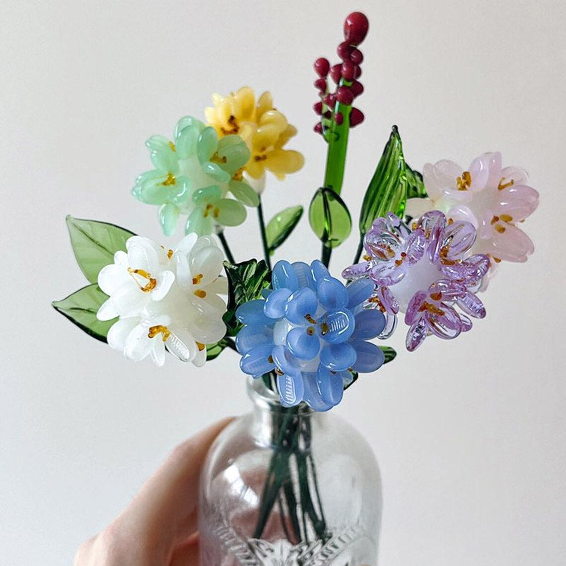 Mini Hand-Blown Glass Hydrangea Stem – Clustered Floral Sphere & Rainbow Gift
