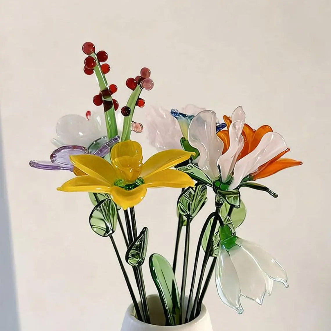 Mini Hand-Blown Glass Birth Flower Bouquet – Mixed Single Stems & Forever Gift