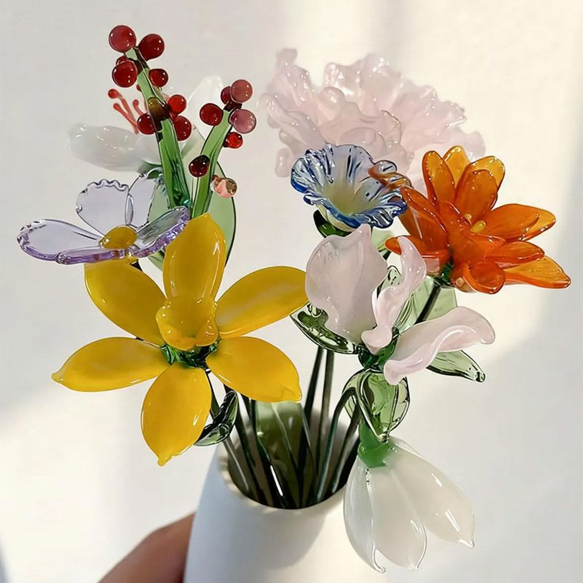 Mini Hand-Blown Glass Birth Flower Bouquet – Mixed Single Stems & Forever Gift
