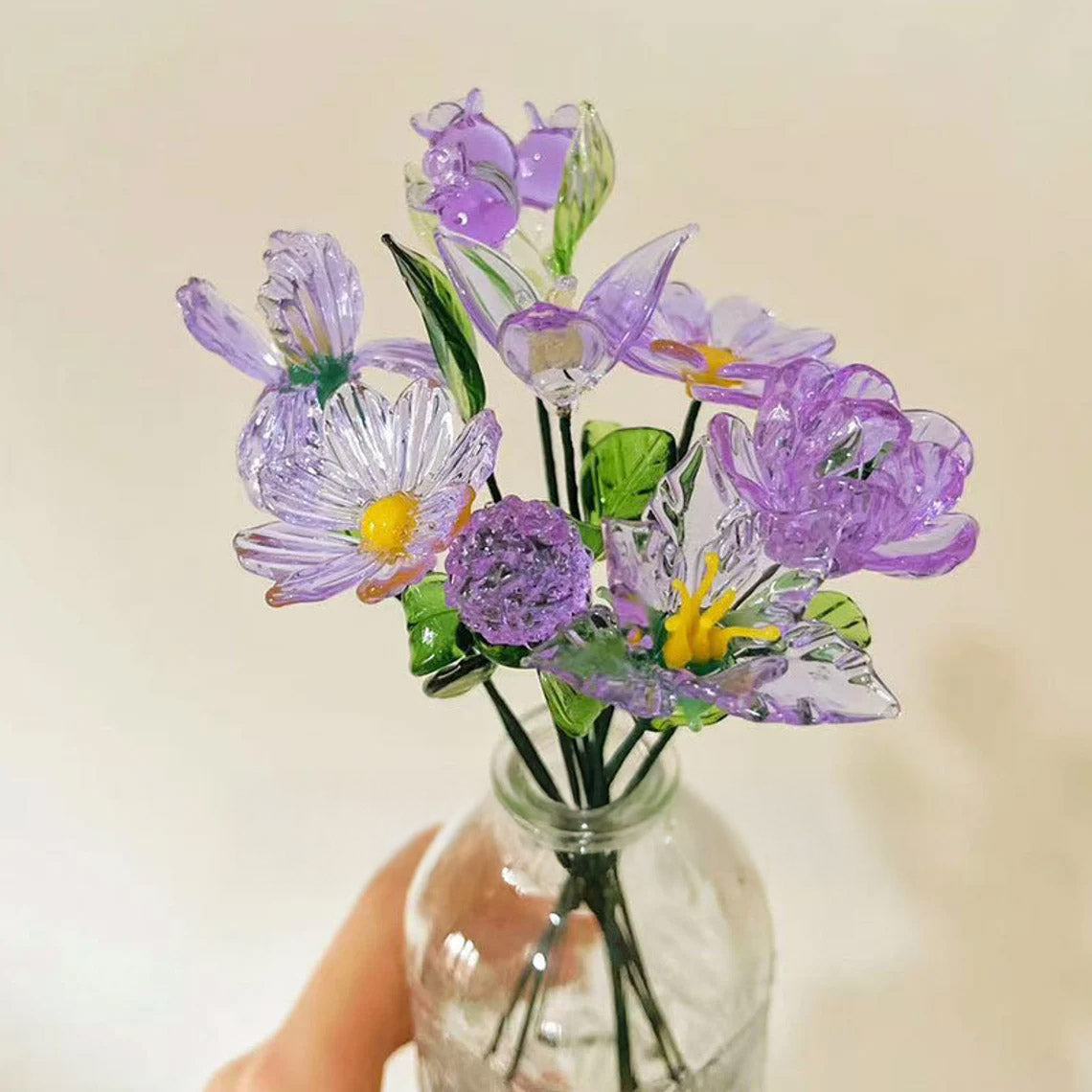 Mini Hand-Blown Amethyst Purple Flower Stems – Monochromatic Aster & Iris Keepsake