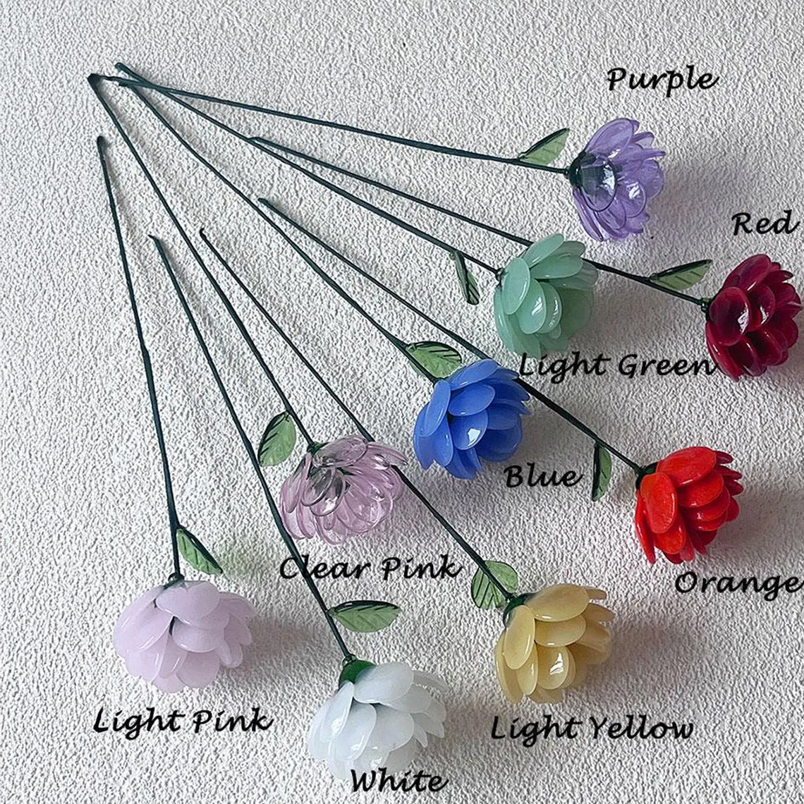 Hand-Blown Glass Ranunculus Stem – Vibrant Multicolored Forever Flower Bouquet