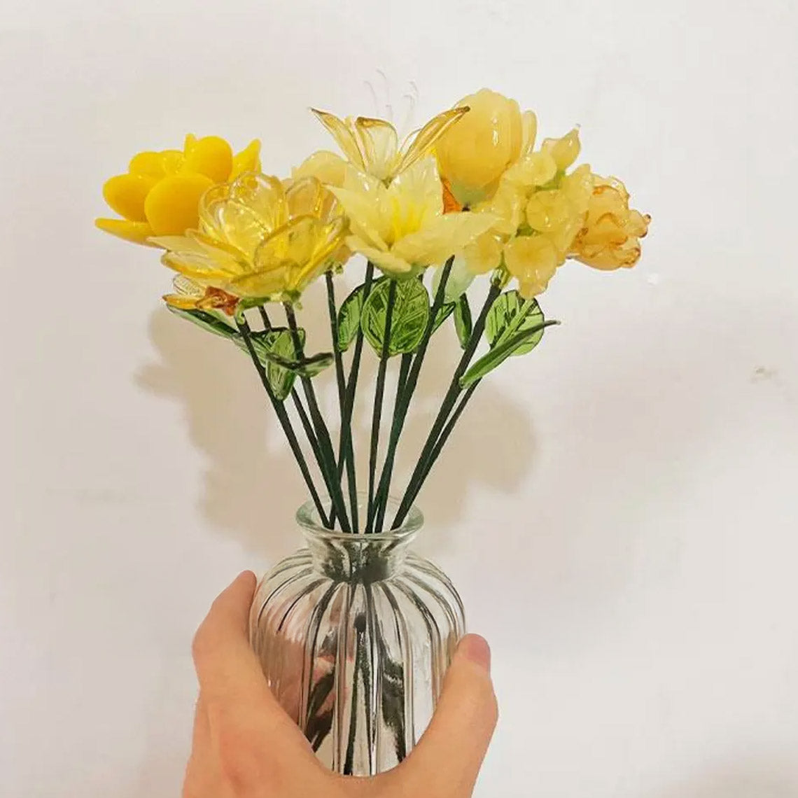Mini Hand-Blown Yellow Floral Bouquet – Mixed Sunshine Glass Flower Stems